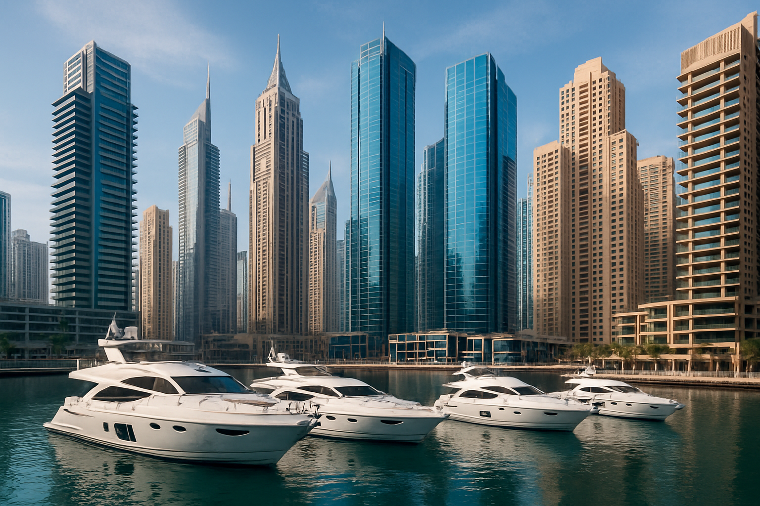 Dubai Marina with modern yachts and skyscrapers