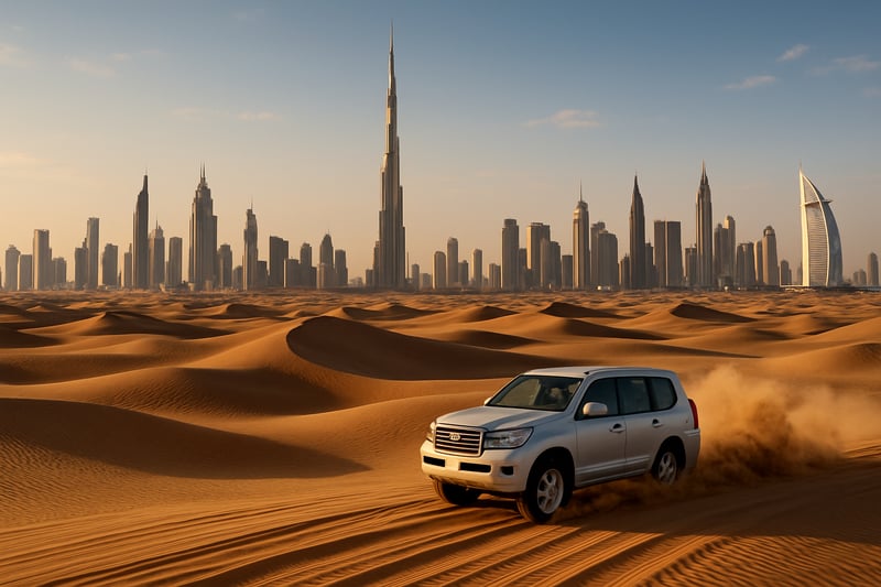 Panoramic view of Dubai skyline and desert adventure